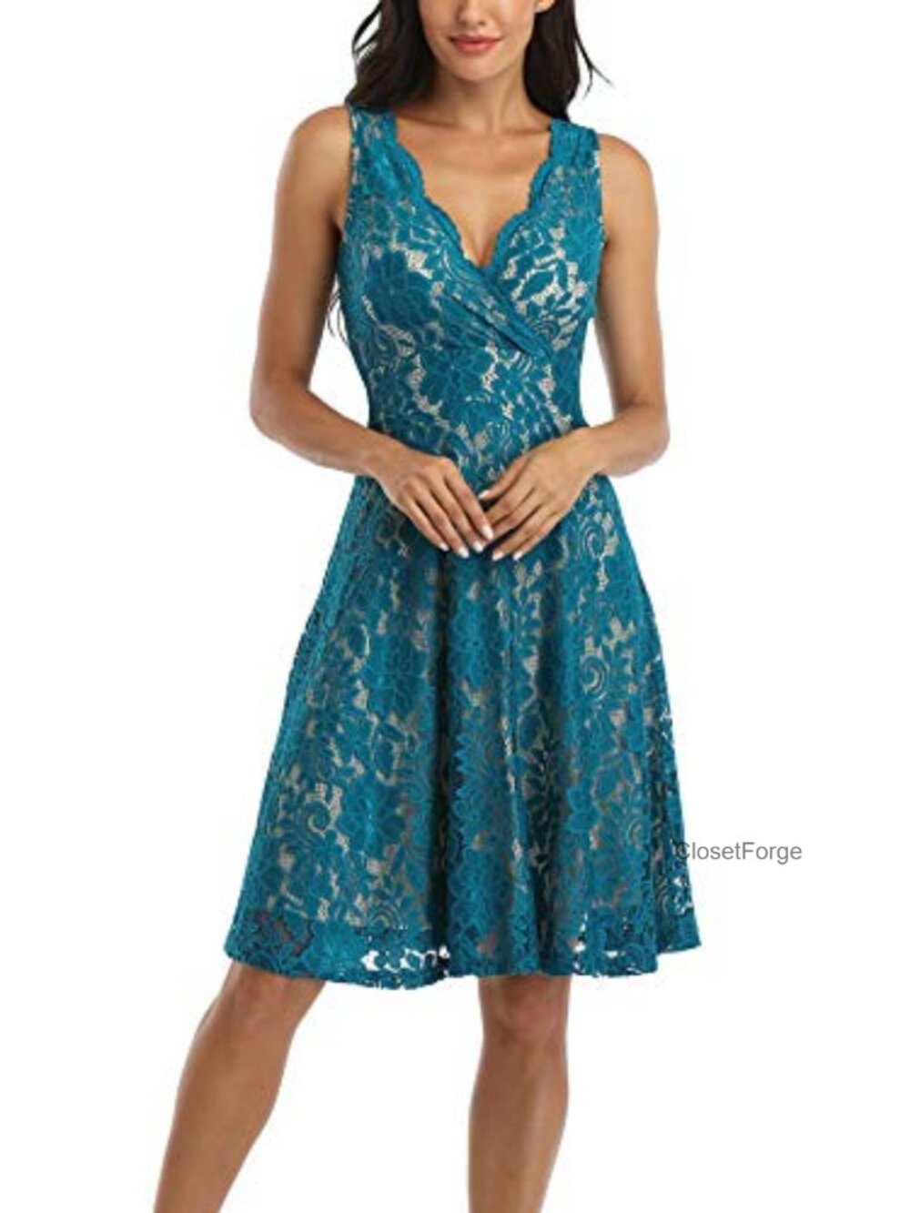 Women's Floral Lace Overlay Fit and Flare Cocktail Dress V-Neck Sleeveless